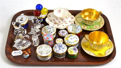 Lot 200 - A tray of enamel boxes, Swarovski crystals and miniature cabinet cups