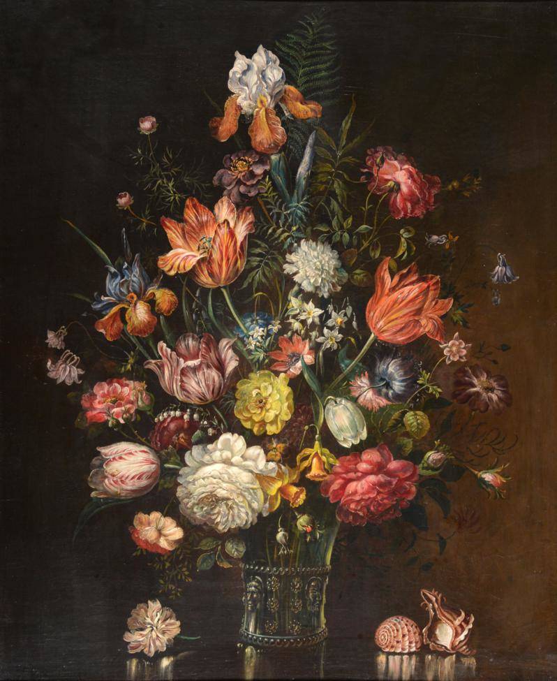 Lot 82 - Follower of Rachel Ruysch (1664-1750) Dutch  Still life of assorted flowers including bearded iris