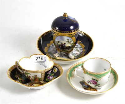 Lot 216 - A Dresden cabinet cup, cover and saucer, together with two Augustus Rex type cups and saucers