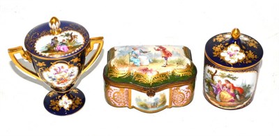 Lot 218 - A Vienna style chocolate cup and cover, a similar vase and cover and a Sevres style snuff box