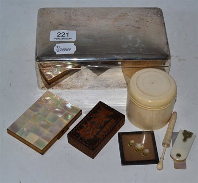 Lot 221 - Early 20th century ivory box, mother-of-pearl case and a silver cigarette box