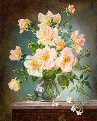 Lot 84 - Cecil Kennedy (1905-1997)   "Rosa Nevada Roses in a glass "  Signed, extensively inscribed on...