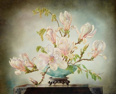 Lot 85 - Cecil Kennedy (1905-1997) Still life of magnolia in a celadon vase  Signed, oil on canvas,...