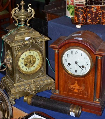 Lot 258 - A 19th century French brass cased mantel clock, another mahogany cased example and a brass...