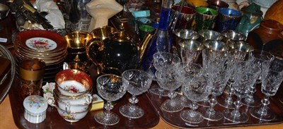 Lot 259 - Two trays including assorted drinking glasses, part tea services, etc