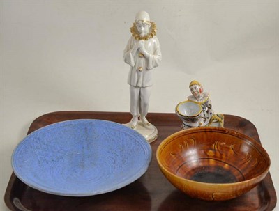 Lot 265 - A Bing & Grondahl figure of a pierrot, a Faience pottery figural clown salt, a studio pottery bowl