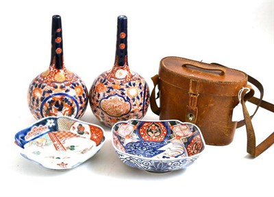 Lot 274 - A pair of General Officers field glasses in original case, two Imari dishes and two Imari vases