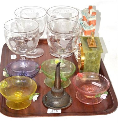 Lot 275 - A set of four etched beer glasses, four Venetian glass bowls, Staffordshire house and sundry