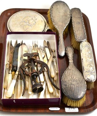 Lot 276 - Heeley's double lever corkscrew, silver backed brushes, mirror, etc