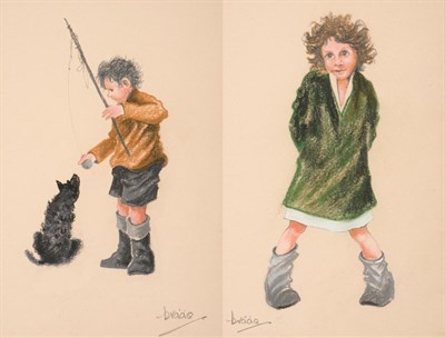 Lot 89 - Brian Shields  "Braaq " FBA (1951-1997)  Young boy with a fishing rod and a dog  Young girl...