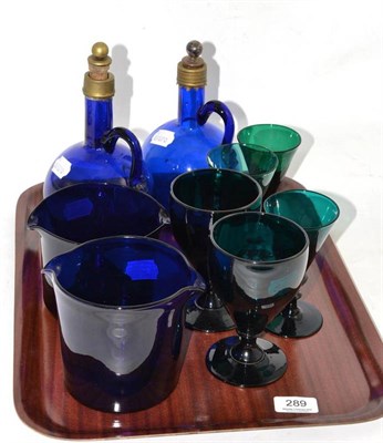 Lot 289 - Two blue glass finger bowls, two flasks and five green wine glasses