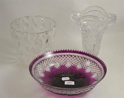 Lot 295 - Two clear glass vases and a purple tinted bowl