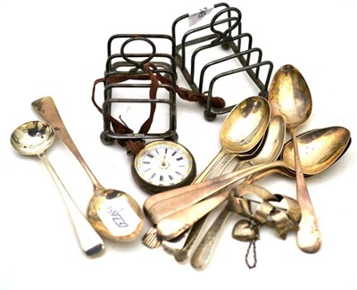 Lot 327 - A silver brooch, silver teaspoons, pocket watch, etc