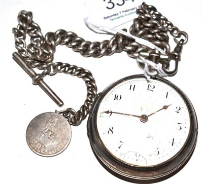 Lot 334 - A silver pair cased pocket watch with attached silver chain
