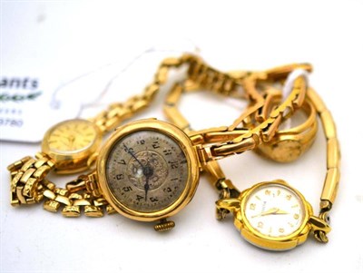 Lot 350 - Two lady's 9ct gold wristwatches, another lady's wristwatch, two rings stamped '375' and a 18ct...