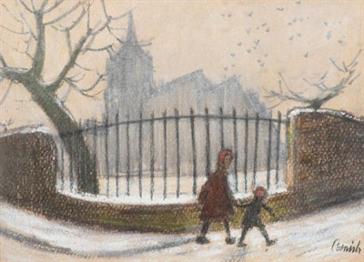 Lot 96 - Norman Stansfield Cornish (1919-2014)  Mother and child in snow before St Andrew's Church,...