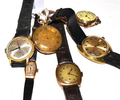 Lot 353 - Three 9ct gold wristwatches, two other wristwatches and a fob watch, case stamped '14K'