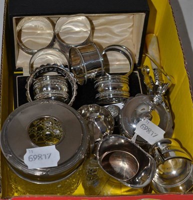 Lot 354 - Seven silver napkin rings, a silver mustard, silver trophy, silver dish, silver plate etc
