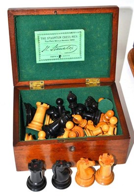 Lot 358 - Staunton chess set (boxed and weighted) (in a Jacques Staunton box, many pieces marked with a...