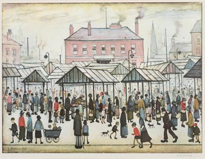 Lot 97 - After Laurence Stephen Lowry RA (1887-1976)  "Market Scene in a Northern Town " Signed in...