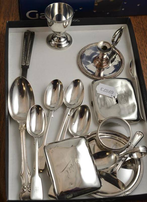 Lot 374 - Set of five Victorian silver spoons, silver egg cup, napkin ring, two cigarette cases, plated taper