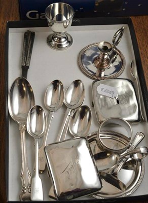 Lot 374 - Set of five Victorian silver spoons, silver egg cup, napkin ring, two cigarette cases, plated taper