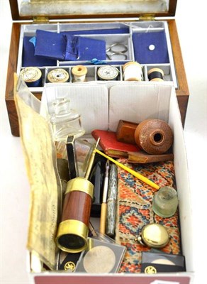 Lot 379 - Inlaid work box, coins, ink pens, ink pots, seal set, monoculars, Otley £1 banknote, sovereign...