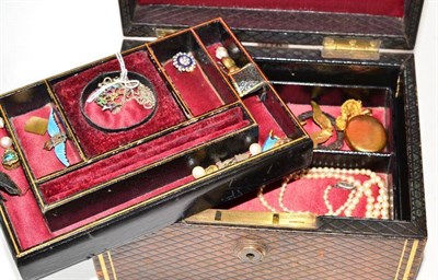 Lot 381 - A jewellery box with an enamelled and gem set necklace, other enamel pieces, a paste and enamel...