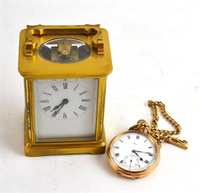 Lot 385 - A plated pocket watch, signed Zenith, plated chain and a carriage timepiece