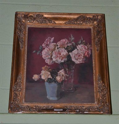 Lot 439 - Flatter, oil on board, still life of roses in a vase, in a gilt frame