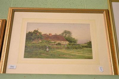 Lot 442 - C Dussaut, A cottage with a woman feeding hens, signed, watercolour
