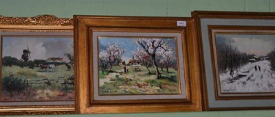 Lot 449 - Georges Laroux? Figures in a snowy landscape with cottages beyond, indistinctly signed, oil on...