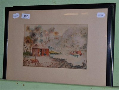 Lot 452 - T Jones, figures beside a lake, signed watercolour together with two further watercolours by...