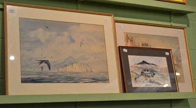 Lot 454 - John M Cock, Swallows at a coastline, signed, watercolour, together with two further...