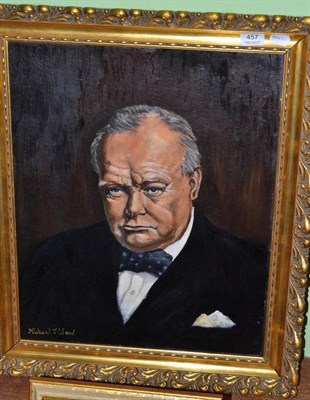 Lot 457 - Michael J Wood (Contemporary), A head and shoulders portrait of Sir Winston Churchill, signed,...