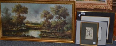 Lot 461 - Four pictures including: a landscape oil signed Dorini; a cartoon print of a golfer; two...