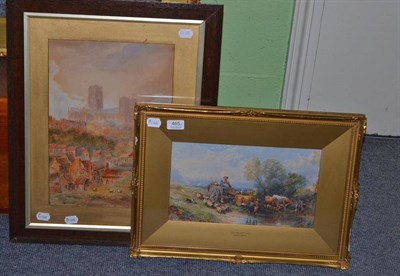 Lot 465 - After Myles Birkett Foster, a print of ";The Market Cart"; and a watercolour of Durham