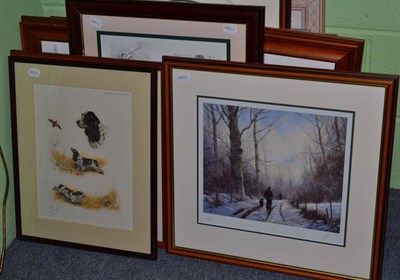 Lot 466 - After John Trickett, A shooting party with black labradors in the snow, signed print, together with