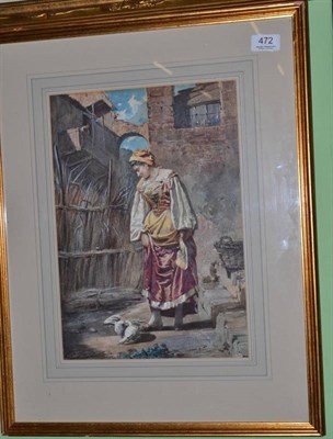 Lot 472 - Brenda Goos (1818-1885) A young girl watching a pair of doves, signed, watercolour, 36.5cm by 26cm