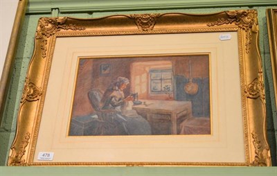 Lot 478 - J W Guroy, old lady sewing beside a window, watercolour