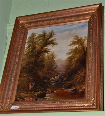 Lot 480 - Joseph Mellor, Figures beside a river in a woodland, signed, oil on canvas