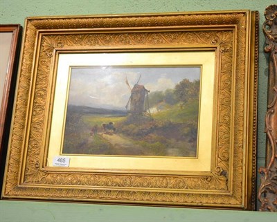 Lot 485 - Thomas Gibb, cattle grazing before a windmill, oil on board