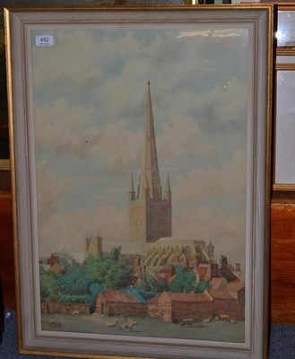 Lot 492 - J Woodhouse Stubbs, a view of Norwich Cathedral, signed, watercolour