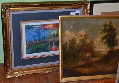 Lot 493 - British School 19th century, landscape with figures, oil on canvas; together with two limited...
