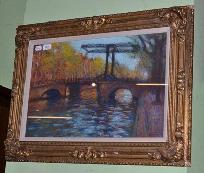 Lot 501 - John Mackie (b.1955) Figure on a bridge overlooking a river, signed and dated (19)95, pastel,...