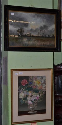 Lot 503 - Edward Beibig? Still life of flowers in an urn, signed, watercolour together with a landscape...