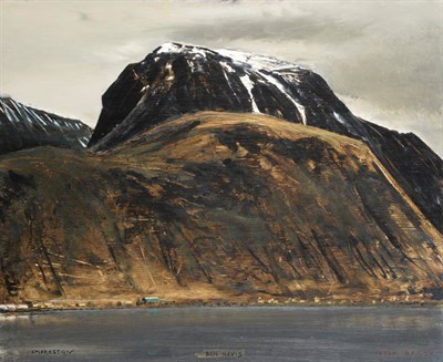 Lot 115 - Peter Brook (1927-2009)   "Impression, Ben Nevis "  Signed and inscribed, oil on board, 42cm by...