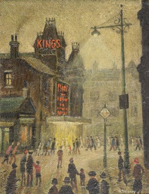 Lot 119 - Arthur Delaney (1927-1987) Figures approaching the King's Cinema, Salford by lamplight Signed,...