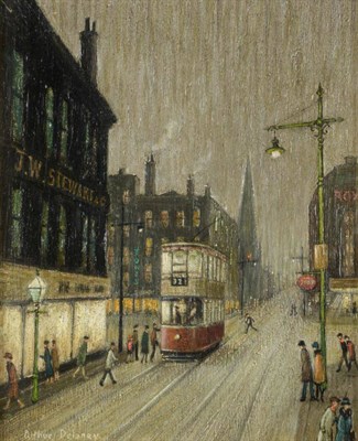 Lot 120 - Arthur Delaney (1927-1987)  "Late Night Tram " Signed, inscribed and initialled verso, oil on...