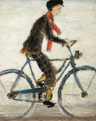 Lot 121 - Arthur Delaney (1927-1987) Boy wearing a red scarf riding a bicycle  Signed, oil on board,...